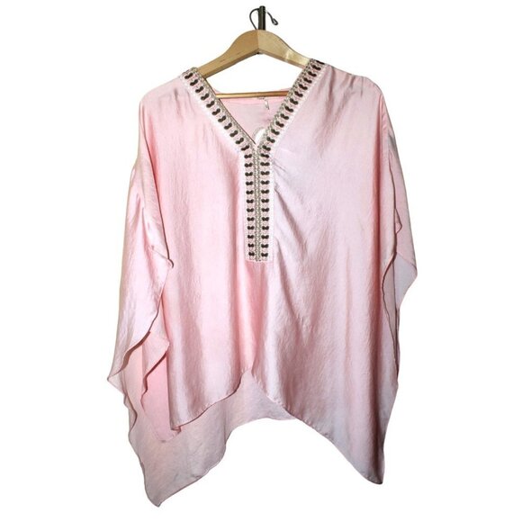 Anthropologie June Embroidered Floral & Cranes Pink Top One Size Flare Sleeves - Picture 4 of 14